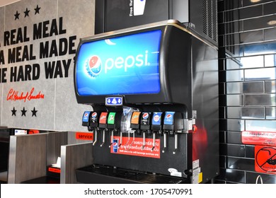 Lopburi - Thailand, 16/04/2020: Pepsi carbonated soda maker, KFC Kentucky Fried Chicken (KFC) fast food restaurant at Lopburi branch.  Shell Gas Station  In Thailand, Asia