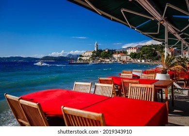 Lopud Island In Croatia. Embankment And Architecture Of The Island. View From The Street Cafe