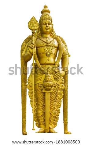 Lord Murugan Statue gold paint of a Hindu deity isolated on white background. God of War and Victory. Thaipusam festival Batu Caves Gombak, Selangor, Malaysia