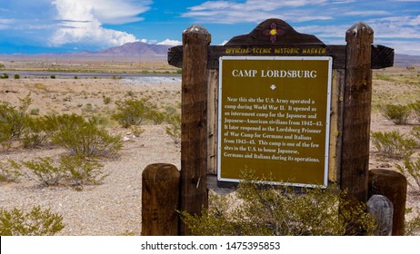 Lordsburg, New Mexico USA - July 28, 2019: Historical Marker For Lordsburg Camp Concentration Internment Site During World War II, Imprisoning Japanese American Citizens, German And Italian Prisoners 