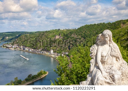 Loreley figure and  Rhine valley Landscape and Sankt Goarshausen view from the Lore Ley rock Germany Intersting Places