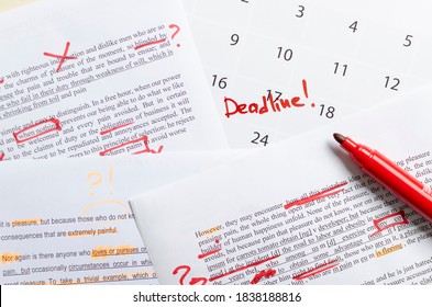 Lorem ipsum text.Closeup of calendar, documents with script and red marks.Writing story before deadline