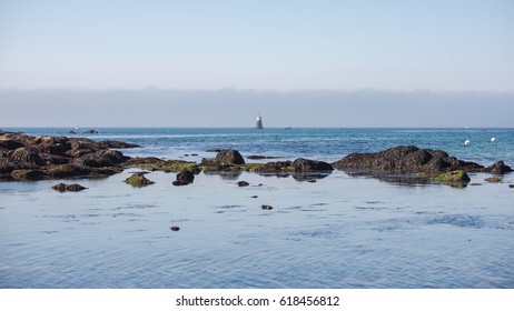 Lorient, Larmor Plage, Beach, Low Tide With Lighthouse In Sunlight