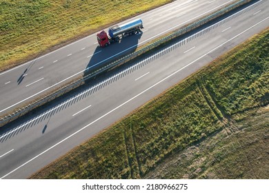 Lorry Carry Metal Cistern On Empty Highway Aerial Above View