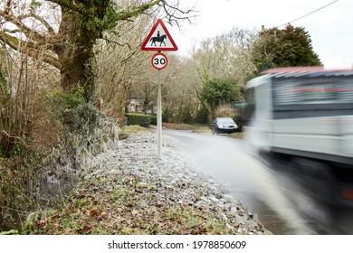 Lorry Speeding Past A 30mph Speed Limit In Dangerous Icy Conditions