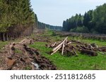 Lorry track with puddles in marshy ground between the forest and the railway, a pile of logs nearby