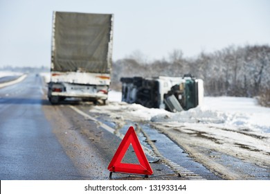 Lorry Trailer Car Crash Smash Accident On An Slippery Winter Snow Interstate Road