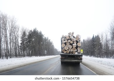 A lorry transports logs in the back. Timber truck
