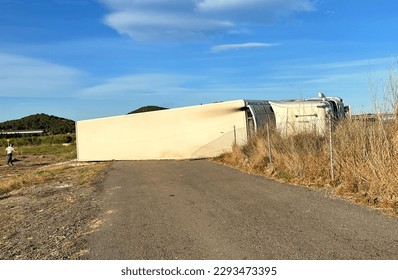 Lorry wreck on road. Truck crash on motorway. Сar accident on freeway. Recovery Truck Tows a Semi trailer truck after crash. Emergency Rescue Wrecker coach Semi Trailer Lorry. Highway accident, wreck  - Shutterstock ID 2293473395