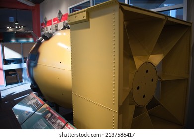 LOS ALAMOS, NEW MEXICO - DECEMBER 13, 2013: Rear View Showing Tail Fins Of Fatman Atomic Bomb, Developed As Part Of World War II Manhattan Project, At The Bradbury Science Museum.