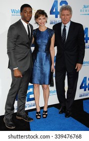 LOS ANGELES - APR 9 - Chadwick Boseman, Calista Flockhart and Harrison Ford  arrives at the 42 Los Angeles Premiere on April 9,  2013 in Los Angeles, CA             