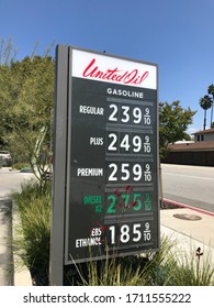 LOS ANGELES, April 11th, 2020: Low Cheap Gas Prices In California, Gas Station Sign Close Up Showing A Record Low Of 2,39$ Per Gallon In Culver City, Los Angeles, California.