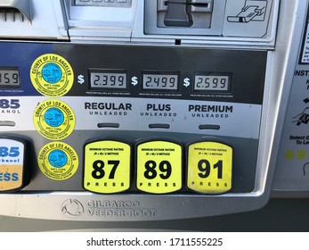 LOS ANGELES, April 11th, 2020: Low Cheap Gas Prices In California, Gas Pump Sign Close Up Showing A Record Low Of 2,39$ Per Gallon In Culver City, Los Angeles, California.