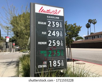 LOS ANGELES, April 11th, 2020: Low Cheap Gas Prices In California, Gas Station Sign Close Up Showing A Record Low Of 2,39$ Per Gallon In Culver City, Los Angeles, California.