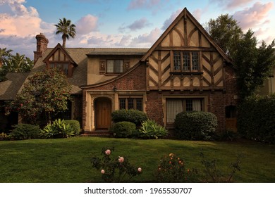 Los Angeles - April 27, 2021: 
Tudor Style Old Home In Hollywood With  Half Timber Architecture Day Exterior