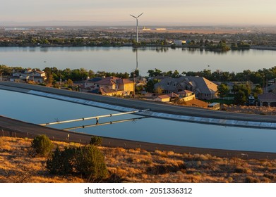 Los Angeles Aqueduct and Lake Palmdale in the foreground shown in Palmdale, Los Angeles County.