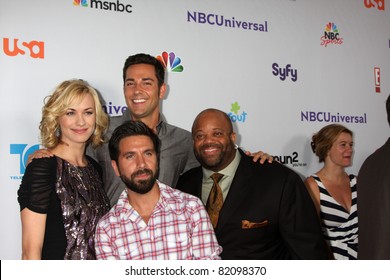 LOS ANGELES - AUG 1:  Yvonne Strahovski, Zach Levi, Mark Christopher Lawrence, Joshua Gomez (front) arriving at the NBC TCA Summer 2011 Party at SLS Hotel on August 1, 2011 in Los Angeles, CA
