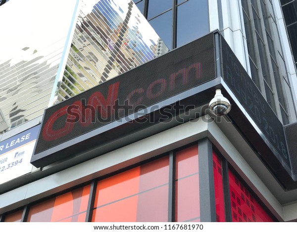 LOS ANGELES, AUG 20, 2018: Low\
angle shot of the CNN logo on the electronic sign at the company\'s\
LA headquarters at 6430 W. Sunset Boulevard in\
Hollywood.