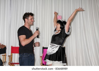 LOS ANGELES - AUG 27: Daniel Goddard With Singing Telegram Actress Getting Birthday Greetings At The Daniel Goddard Fan Event 2011 At The Universal Sheraton Hotel On August 27, 2011 In Los Angeles, CA