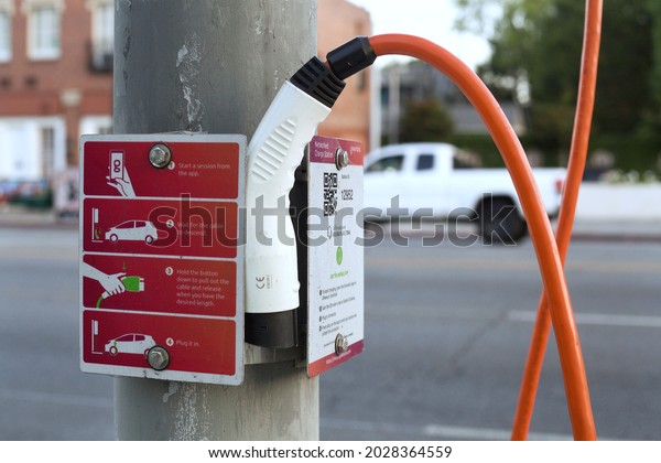 Los Angeles - August\
20, 2021 Electric vehicle charging station on Sunset Blvd.\
Hollywood, California