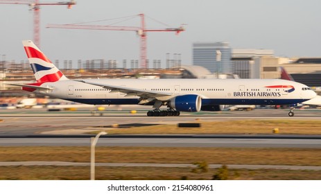 Los Angeles, CA- 7 May 2022: A British Airways Boeing 777 taking off from LAX 