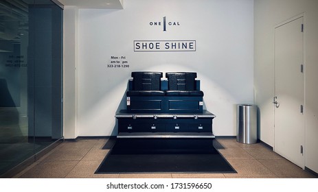 LOS ANGELES, CA, APR 2020: Unattended Shoe Shine Stand With Black Leather Seats And Black Wooden Platform, In California Plaza, Downtown