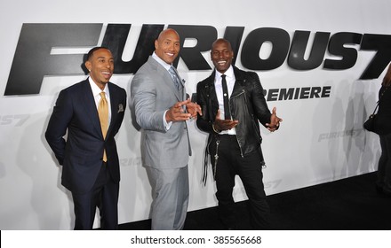 LOS ANGELES, CA - APRIL 1, 2015: Chris "Ludacris" Bridges (left), Dwayne "The Rock" Johnson & Tyrese Gibson at the world premiere of their movie "Furious 7" at the TCL Chinese Theatre, Hollywood.