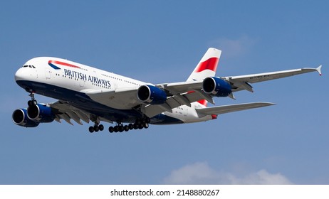 Los Angeles, CA- April 10 2022: British Airways Airbus A380 being deployed on the LHR-LAX route. 