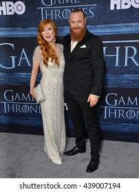 LOS ANGELES, CA. April 10, 2016: Actor Kristofer Hivju & wife Gry Molvaer Hivju at the season 6 premiere of Game of Thrones at the TCL Chinese Theatre, Hollywood.