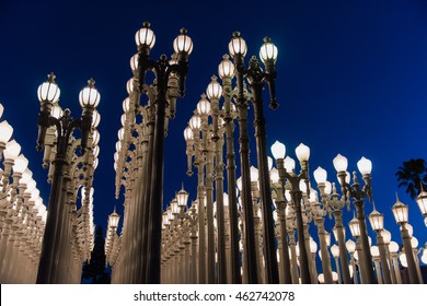 LOS ANGELES, CA - April 25, 2016: 'Urban Light' is a large-scale assemblage sculpture by Chris Burden at the Los Angeles County Museum of Art. The installation consists of 202 restored street lamps.