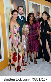 LOS ANGELES, CA - APRIL 4, 2017: Actors Jenny Slate, Chris Evans, Octavia Spencer, Jona Xiao & McKenna Grace At The Premiere For 