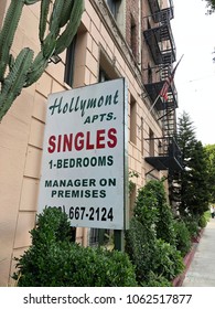 Los Angeles, CA: April 5, 2018: A Sign For An Apartment For Rent In The Hollywood Area Of Los Angeles.  Rent Has Been Rising In Recent Years In The Los Angeles Area.