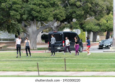 Los Angeles, CA: April 7, 2021: UCLA Students Enjoying Recreational Activities On The UCLA Campus.  UCLA Is A Public University In The State Of California.