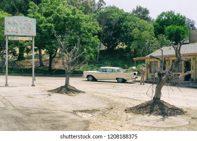 LOS ANGELES, CA: August 10, 2018: TV Set Of Bates Motel With Norman Bates And His Car, Universal Studios, Hollywood.