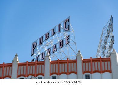 Los Angeles, CA: August 25, 2019:  Public Storage Sign In The Los Angeles Area.  Public Storage Is A Public Company And Opened In 1972.  