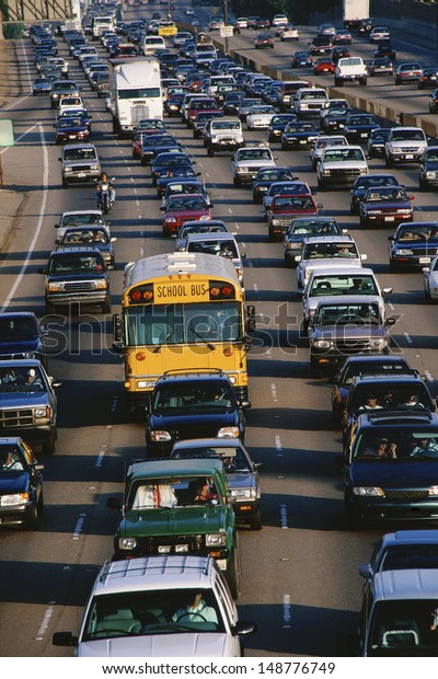 LOS ANGELES, CA - CIRCA 1990\'s: Heavy traffic on\
freeway California Interstate 405 close to Sunset Blvd. in Los\
Angeles, CA