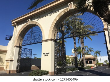 LOS ANGELES, CA, CIRCA 2016: entrance to Paramount Pictures Studios in Hollywood, palm trees and security in background