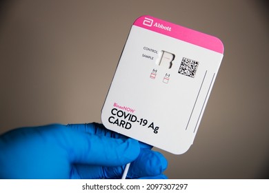 Los Angeles, CA - December 27 2021: Antigen self-test kit for COVID-19 infection detection. The at-home rapid test can be done in your home with results for Coronavirus in 15 minutes. Negative result.