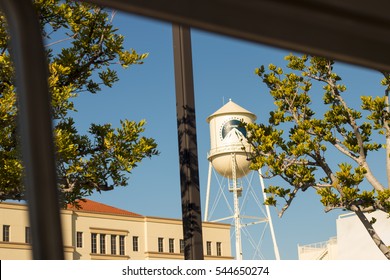 Los Angeles, CA - December 29: Paramount Pictures Water Tower With Palm Trees On December 28, 2015 In Los Angeles. Paramount Pictures In The Oldest Film Studio In Los Angeles.