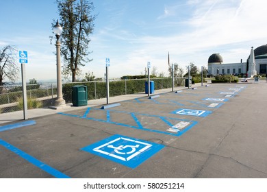 Los Angeles, CA: February 13, 2017:  Disabled Parking At The Griffith Park Observatory.  In The United States, The Americans With Disabilities Act Requires Reserved Spaces For The Disabled.