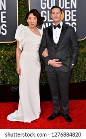 LOS ANGELES, CA. January 06, 2019: Sandra Oh & Andy Samberg  At The 2019 Golden Globe Awards At The Beverly Hilton Hotel.
 