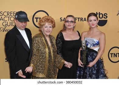 LOS ANGELES, CA - JANUARY 25, 2015: Debbie Reynolds & daughter Carrie Fisher, son Todd Fisher & granddaughter Billie Lourd at the 2015 Screen Actors Guild  Awards at the Shrine Auditorium.