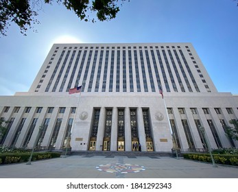 LOS ANGELES, CA, JUL 2020: looking up at Los Angeles County Sheriff's Department and United States Court House, Hall of Justice, in Downtown
