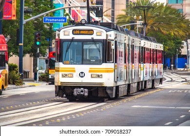 LOS ANGELES, CA - July 15, 2017:  Los Angeles Light Rail System Blue Line Metro Train Travels To Its Destination