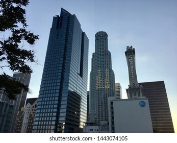 LOS ANGELES, CA, JUN 2019: skyscrapers in Downtown Financial District, with Gas Company Tower, US Bank Tower and AT&T building in foreground, dusk