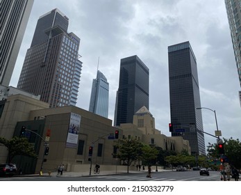 LOS ANGELES, CA, JUN 2021: Central Branch Of Los Angeles Public Library With Skyscrapers Behind And Clouds Overhead