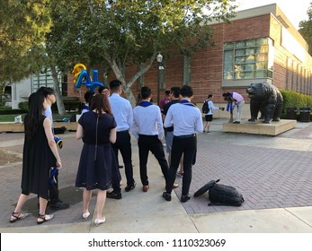 Los Angeles, CA: June 10, 2018: UCLA Graduates Waiting In Line For A Photographer To Take Graduation Photos.   UCLA Is A Public University In The Los Angeles Area.