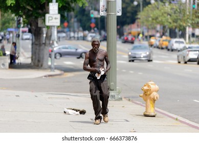 LOS ANGELES, CA - June 22, 2017: Unidentified homeless man on June 22, 2017 in Downtown of Los Angeles, CA