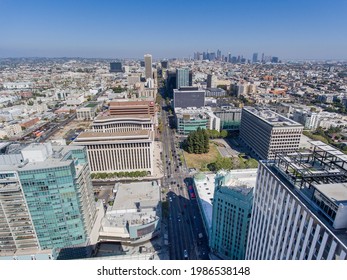 Los Angeles, CA, LA County, April 3, 2021: Aerial View of Wilshire Blvd with Downtown LA from Western Ave LA Korea Town