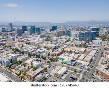 Los Angeles, CA, LA County, June 2, 2021: Aerial View of LA Koreatown with Wilshire Blvd, Vermont St, 7th St around Bullocks, historical art deco building, Southwestern Law School
